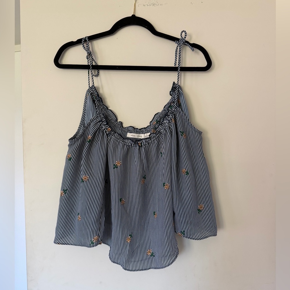 bishop + young Blue and White Striped Floral Tie-Shoulder Flowy Cropped Top
